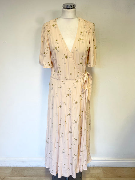 BRAND NEW GHOST PALE PEACH SILVER & GOLD STAR EMBROIDERED SHORT SLEEVED MIDI WRAP DRESS  SIZE M