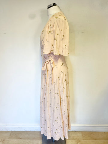 BRAND NEW GHOST PALE PEACH SILVER & GOLD STAR EMBROIDERED SHORT SLEEVED MIDI WRAP DRESS  SIZE M