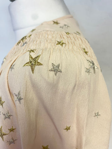 BRAND NEW GHOST PALE PEACH SILVER & GOLD STAR EMBROIDERED SHORT SLEEVED MIDI WRAP DRESS  SIZE M