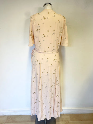 BRAND NEW GHOST PALE PEACH SILVER & GOLD STAR EMBROIDERED SHORT SLEEVED MIDI WRAP DRESS  SIZE M