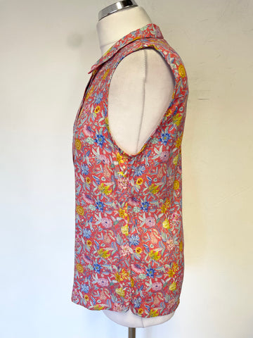 BRORA RED & MULTI COLOURED FLORAL PRINT COLLARED SLEEVELESS TOP SIZE 10