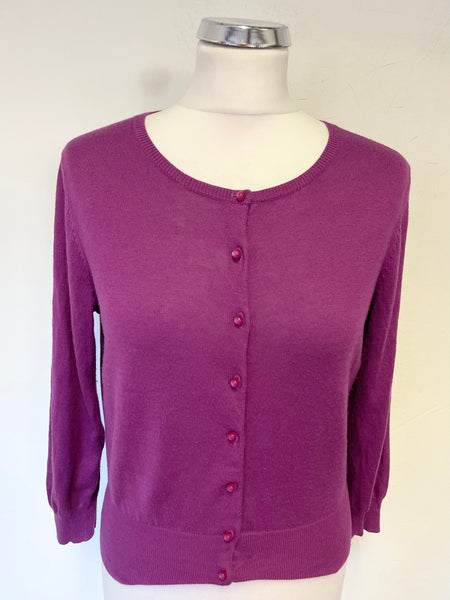 HOBBS PURPLE SILK & CASHMERE BLEND ROUND NECK 3/4 SLEEVED CARDIGAN  SIZE 10