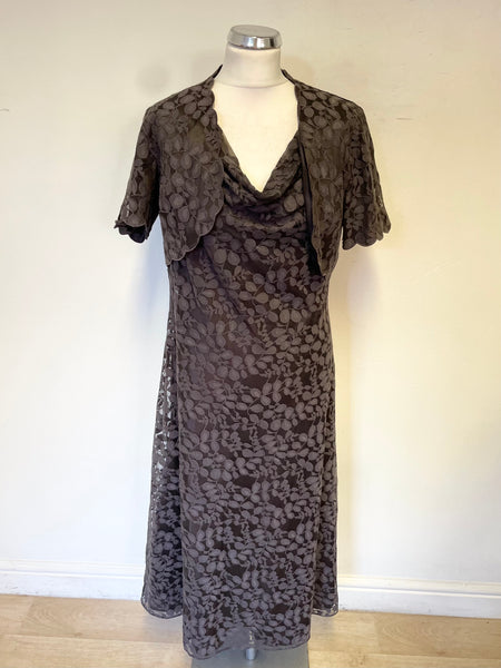 JACQUES VERT BROWN LACE MESH OVERLAY SLEEVELESS A-LINE DRESS & BOLERO TOP SIZE 12