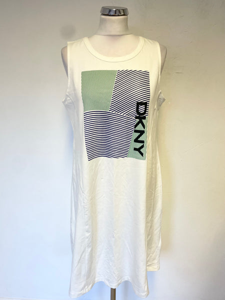 BRAND NEW DKNY WHITE LOGO PRINT SLEEVELESS A-LINE DRESS SIZE M