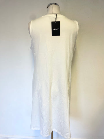 BRAND NEW DKNY WHITE LOGO PRINT SLEEVELESS A-LINE DRESS SIZE M