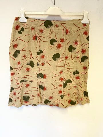 BRORA 100% LINEN BEIGE,RED & GREEN PRINT FLUTED HEM A-LINE SKIRT SIZE 12