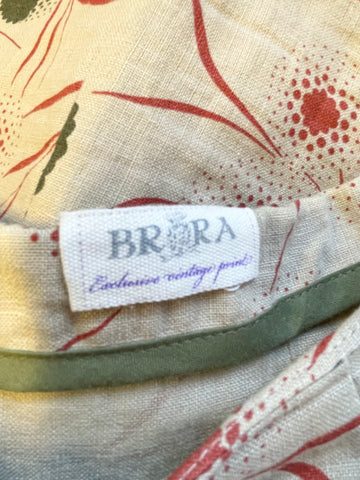 BRORA 100% LINEN BEIGE,RED & GREEN PRINT FLUTED HEM A-LINE SKIRT SIZE 12