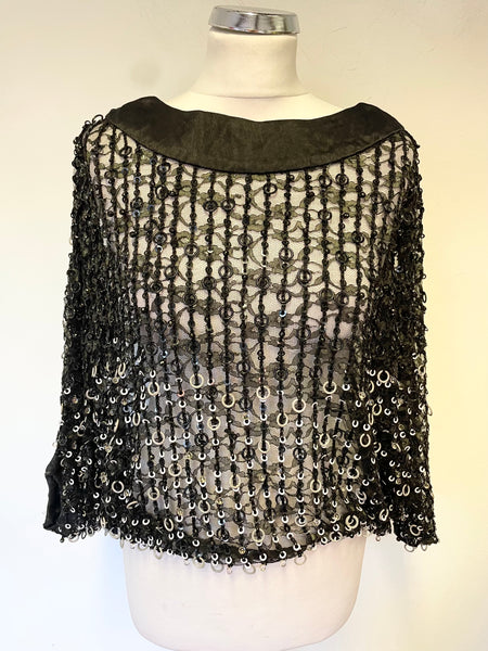 CONDITIONS APPLY BLACK MESH LACE RING & BEADED 3/4 SLEEVED TOP SIZE S