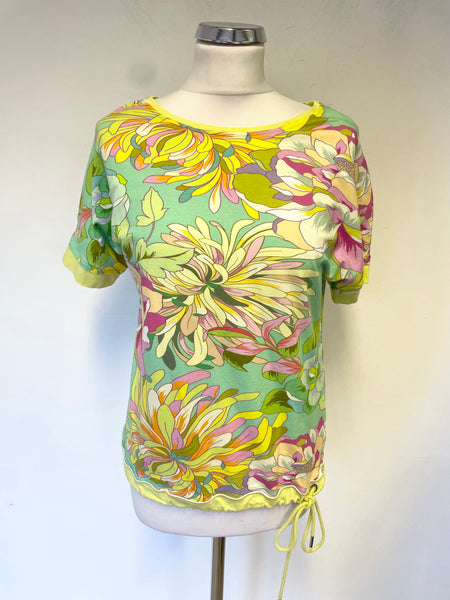 SANI BLU GREEN & MULTI COLOURED FLORAL PRINT DRAW WAIST SHORT SLEEVED TOP SIZE 38 UK 10