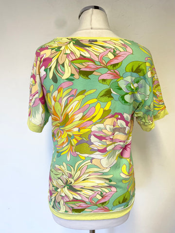 SANI BLU GREEN & MULTI COLOURED FLORAL PRINT DRAW WAIST SHORT SLEEVED TOP SIZE 38 UK 10