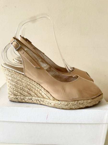 RUSSELL & BROMLEY NUDE PATENT PEEPTOE SLINGBACK ESPADRILLE WEDGE HEELS SIZE 5/38