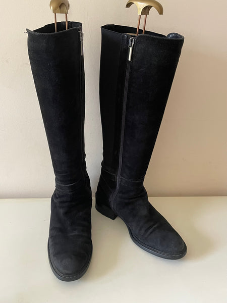 RUSSELL & BROMLEY BLACK SUEDE BUCKLE TRIM KNEE LENGTH BOOTS  SIZE 4/37