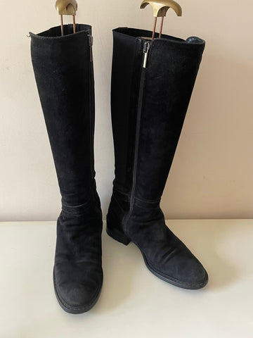 RUSSELL & BROMLEY BLACK SUEDE BUCKLE TRIM KNEE LENGTH BOOTS  SIZE 4/37