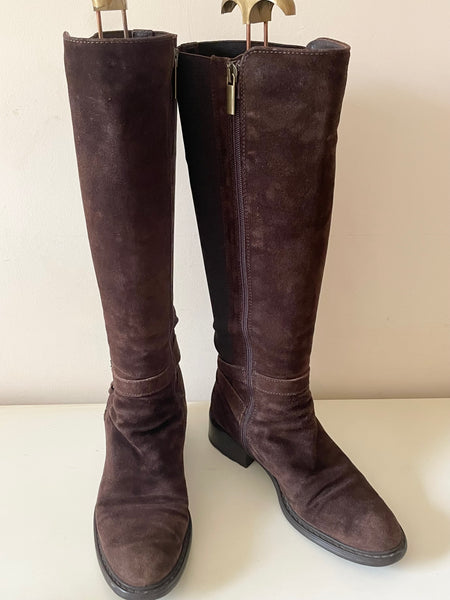 RUSSELL & BROMLEY BROWN SUEDE BUCKLE TRIM KNEE LENGTH BOOTS  SIZE 4/37