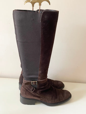 RUSSELL & BROMLEY BROWN SUEDE BUCKLE TRIM KNEE LENGTH BOOTS  SIZE 4/37