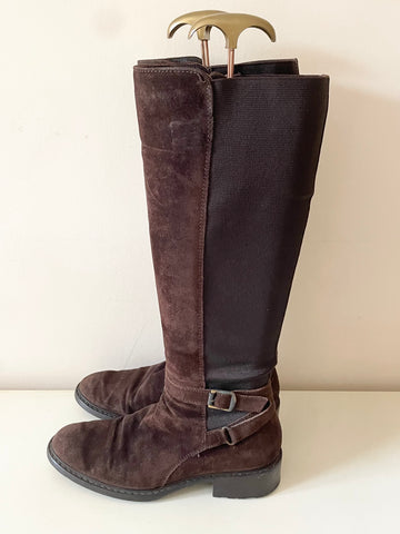 RUSSELL & BROMLEY BROWN SUEDE BUCKLE TRIM KNEE LENGTH BOOTS  SIZE 4/37