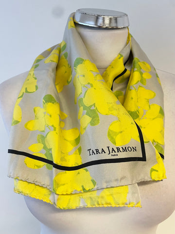 TARA JARMON PARIS GREY & YELLOW FLORAL PRINT SILK SQUARE SCARF