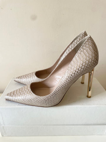 DUNE BEIGE & GOLD SNAKESKIN PRINT LEATHER HEELS SIZE 5/38