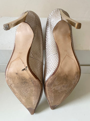 DUNE BEIGE & GOLD SNAKESKIN PRINT LEATHER HEELS SIZE 5/38