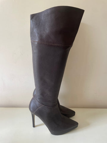 BERTIE DARK BROWN LEATHER KNEE LENGTH HIGH HEEL BOOTS SIZE 6/39