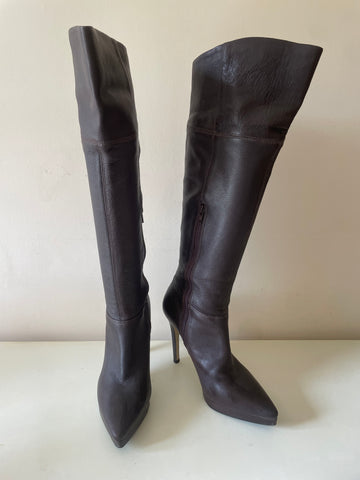 BERTIE DARK BROWN LEATHER KNEE LENGTH HIGH HEEL BOOTS SIZE 6/39