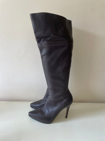 BERTIE DARK BROWN LEATHER KNEE LENGTH HIGH HEEL BOOTS SIZE 6/39