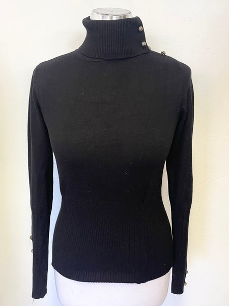 KAREN MILLEN BLACK POLO NECK SILVER BUTTON TRIM LONG SLEEVED JUMPER SIZE 3 UK 12/14