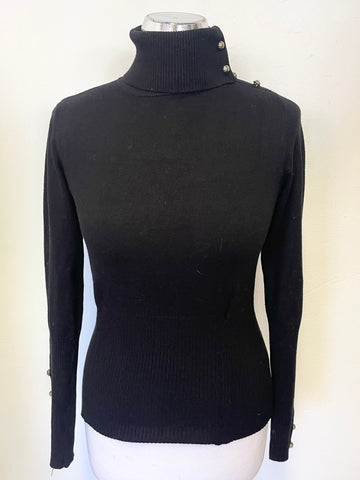 KAREN MILLEN BLACK POLO NECK SILVER BUTTON TRIM LONG SLEEVED JUMPER SIZE 3 UK 12/14