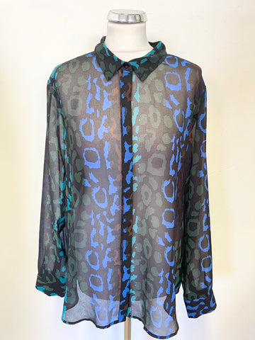 MINT VELVET BLACK, BROWN,GREEN & BLUE PRINT COLLARED LONG SLEEVED BLOUSE SIZE 18