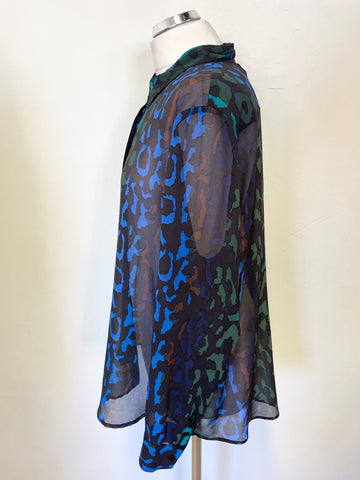 MINT VELVET BLACK, BROWN,GREEN & BLUE PRINT COLLARED LONG SLEEVED BLOUSE SIZE 18