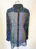 MINT VELVET BLACK, BROWN,GREEN & BLUE PRINT COLLARED LONG SLEEVED BLOUSE SIZE 18