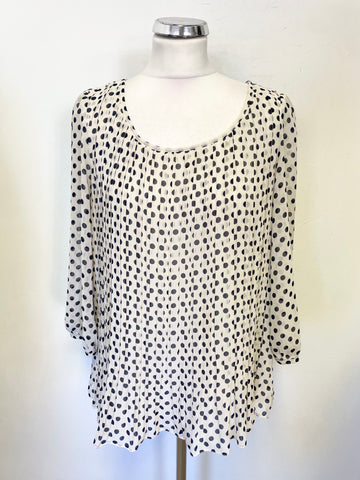 PHASE EIGHT CREAM & BLACK SPOT KNIFE PLEATED BODICE 3/4 SLEEVED TOP SIZE 12