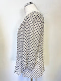 PHASE EIGHT CREAM & BLACK SPOT KNIFE PLEATED BODICE 3/4 SLEEVED TOP SIZE 12