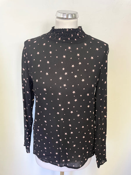 HUSH BLACK & PINK STAR PRINT RUCHED NECK LONG SLEEVED TOP SIZE 8