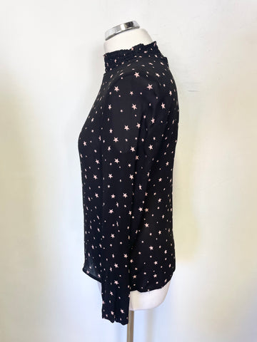 HUSH BLACK & PINK STAR PRINT RUCHED NECK LONG SLEEVED TOP SIZE 8