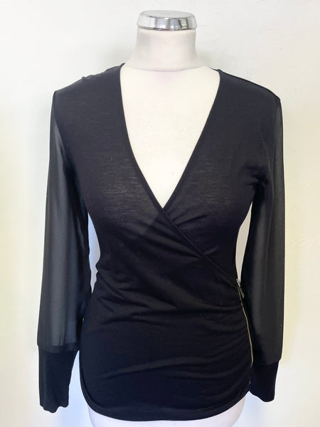 KAREN MILLEN BLACK WRAP ACROSS FRONT ZIP TRIMMED LONG SHEER SLEEVED TOP  SIZE 8