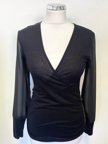 KAREN MILLEN BLACK WRAP ACROSS FRONT ZIP TRIMMED LONG SHEER SLEEVED TOP  SIZE 8