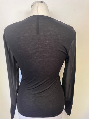 KAREN MILLEN BLACK WRAP ACROSS FRONT ZIP TRIMMED LONG SHEER SLEEVED TOP  SIZE 8