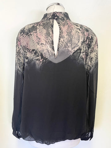 MINT VELVET BLACK SNAKESKIN PRINT HIGH NECK LONG SLEEVED BLOUSON TOP SIZE 14