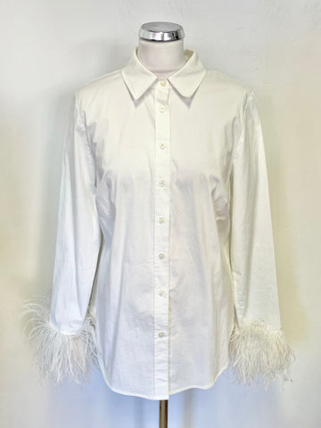 MINT BY MINT VELVET WHITE COLLARED LONG SLEEVE OSTRICH FEATHER TRIM CUFF SHIRT SIZE 14