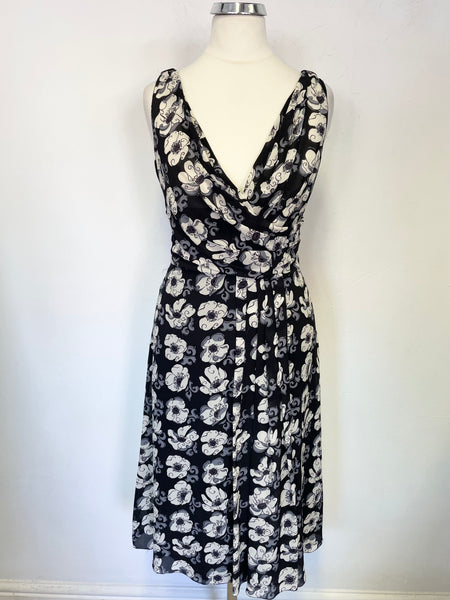 PRADA BLACK, GREY & IVORY FLORAL PRINT SILK SLEEVELESS FIT & FLARE DRESS  SIZE 38 UK 6