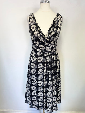 PRADA BLACK, GREY & IVORY FLORAL PRINT SILK SLEEVELESS FIT & FLARE DRESS  SIZE 38 UK 6