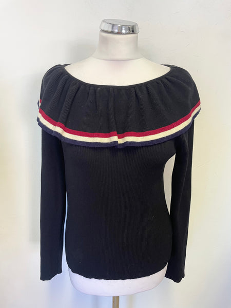 LAETITIA MEM BLACK WITH STRIPE TRIM FRILL NECK LONG SLEEVED JUMPER SIZE M