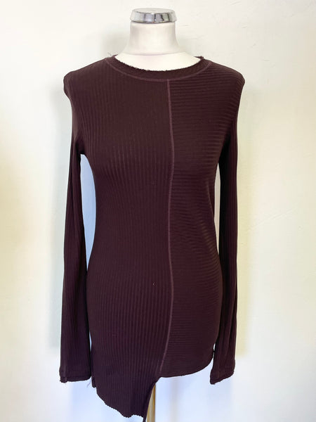 HELMUT LANG AUBERGINE COTTON JERSEY DIPPED SIDE PANEL LONG SLEEVED TOP SIZE S