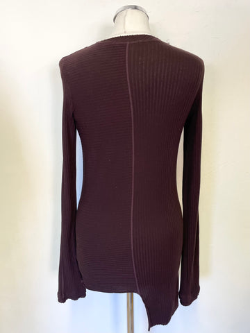 HELMUT LANG AUBERGINE COTTON JERSEY DIPPED SIDE PANEL LONG SLEEVED TOP SIZE S