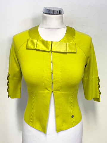 KAREN MILLEN LIME GREEN SILK TRIM BOW TRIM HALF SLEEVE CARDIGAN SIZE 2 UK 10