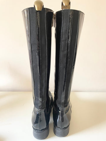 LK BENNETT BLACK PATENT LEATHER KNEE LENGTH BOOTS SIZE 8/42