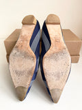 LK BENNETT NAVY BLUE & WHITE POINTED TOE TEXTILE FLATS  SIZE 7.5/41