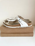 BIRKENSTOCK WHITE LEATHER TOE POST SLIDERS WITH BUCKLES SIZE 5/38