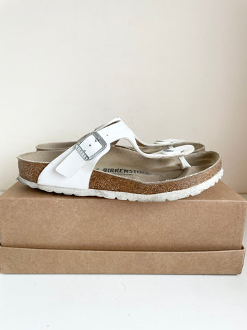 BIRKENSTOCK WHITE LEATHER TOE POST SLIDERS WITH BUCKLES SIZE 5/38